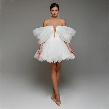 Sexy Branco sem encosto de Organza Uma linha Curta Minissaia fundo V-pescoço para Fora do Ombro Vestidos de Cocktail, Vestidos de Baile, Feito-2023