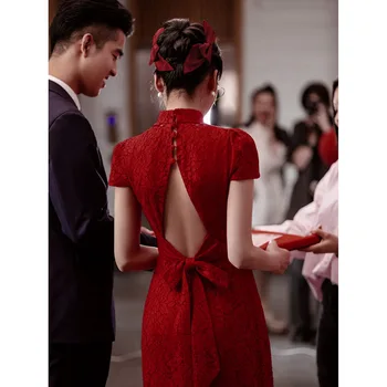 A Graça De Renda Qipao Feminino Sem Encosto Vestido De Noite Sexy De Renda De Estilo Chinês, Vestidos De Grande Arco Cheongsam Noiva Banquete Vestido De Vestidos