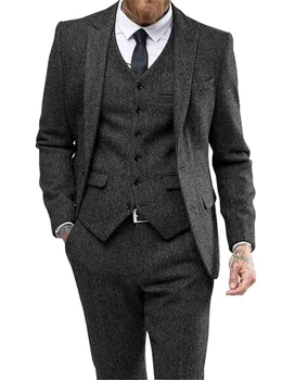 Ternos 3 Peças De Lã Preto Herringbon Slim Fit Casual, Formal De Negócios Padrinhos Tweed Smoking G Blazer+Calça+Colete