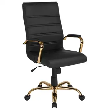 Alto Trás Preto LeatherSoft Executivo Cadeira de Escritório Giratória com Moldura de Ouro e Armas