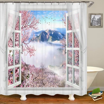 3D abertura da janela paisagem da janela paisagem impresso cortina de chuveiro mofo lavável cortina de casa de banho, decoração com ganchos de cortina