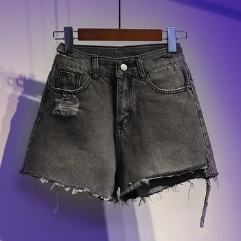 Novo Shorts Jeans Mulheres de Cintura Alta Retrô Vintage Furos de Perna Larga Aluno Calças das Mulheres Simples e Chique Tudo-correspondência Shorts