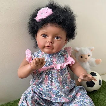 60CM Artesanais Alta Qualidade Renascer a Criança Sue-Sue Na Pele Escura Africano-Americano de Menina Boneca Enraizada Cabelo