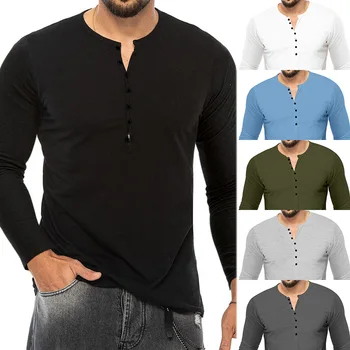 2023 Mens T-shirt de Manga Longa Basecoat Slim Fit Botão V-Pescoço Longo da Luva T-shirt Mens Wear