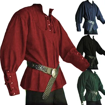 Mens Medieval Camisas do Poeta Renascentista Traje Viking Capitão Pirata Laço Plissado Tops de Areia Gola de Camisa