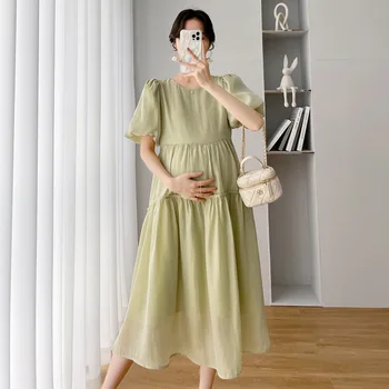 Chiffon Vestidos de Maternidade de Verão Puff Manga Vestido das Mulheres Grávidas Casual Sólido O-pescoço Elegante Gravidez Vestido de Vestidos
