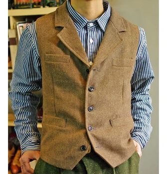 2023 Colete masculino Clássico Steampunk Terno de Tweed de Lã Lapela Entalhe Colete Grosso Casaco de Tweed Para o Casamento