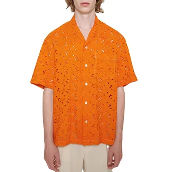 Tendência de moda Casual Armar Cortar Laço Camisa de Verão de Homens de Camisa de Manga Curta Flor Homens Bonitos