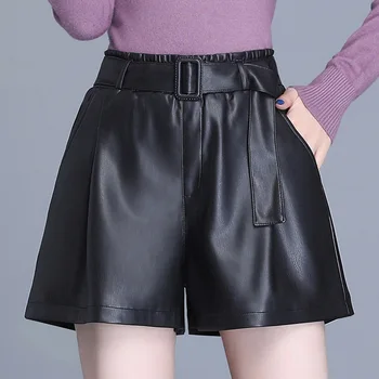 Shorts de couro para Mulheres de Outono, Moda de Inverno de Couro para Mulheres Calças de Mulheres de Uma linha fina Calça de Cintura Alta em linha Reta Calças шорты