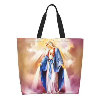 Reciclagem Católica Virgem Maria Sacola de Compras Mulheres de Ombro Sacolas de Lona, Saco Durável Nossa Senhora de Guadalupe Mantimentos Shopper Bags