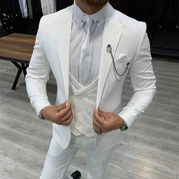 Trajes Brancos Homens Para Casamento Em Estilo Italiano Noivo Vestir Ternos Slim Fit 3-Peças Jaqueta Colete Calças Masculina, O Blazer De Negócios Vestido De Festa