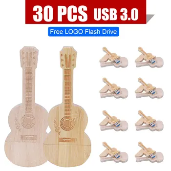 30pcs Natural de madeira de bambu modelo de Guitarra unidade flash usb pendrive 4GB 16GB 32GB 64GB de 128GB de memória stick livre Logotipo Personalizado