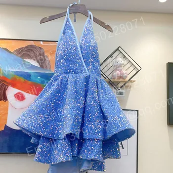 Sexy Céu Azul Halter Curto Prom Vestidos De Lantejoulas Festa De Aniversário De Vestidos Brilhantes Camadas Mini-Vestido De Cocktail Sem Encosto Robe De Bal