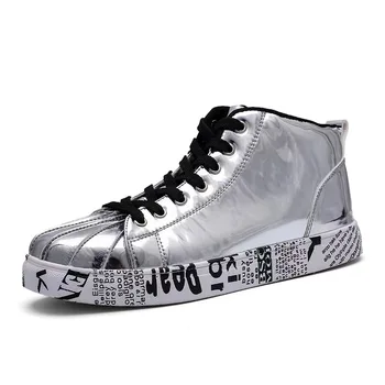Homens Sapatos Fashiona Patente De Couro Tênis Tops Ouro Prata Hip Hop Botas Brilhante, Iluminado Marca Do Designer De Sapatos Flats Tamanho 46