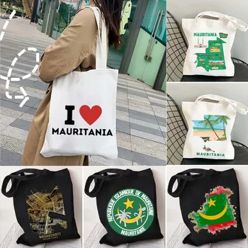 Coração de amor Nouakchott Braços da Mauritânia Bandeira Mapa Rodada Emblema do Ombro Sacolas de Lona, Saco de Harajuku Compras de Algodão Shopper Bolsa