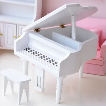 Casa de bonecas em Miniatura Piano de cauda Branco e Fezes Instrumento Musical de Decoração de Casa de 1:12 Escala Modelo de Brinquedo