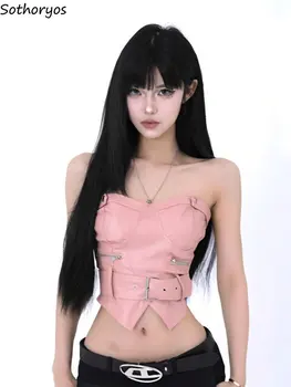 Sem alças, Camisolas Mulheres Sexy Novo Design Simples Zíper Fashion Estilo coreano Meninas Doce de Lazer Todos-correspondência de Verão Graciosa Tops