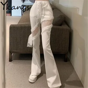 Cintura Alta Slim Casual Dividir Y2k Estética Branco Queimado Calças Mulheres Reta De Perna Larga De Renda Calças Oco Calças Jeans Pantalones