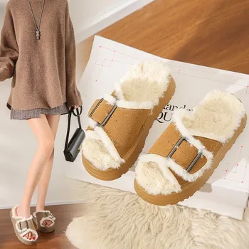 Nova Moda De Inverno Mulheres Fivela Fofo Chinelo De Moda Casual Plataforma Med Calcanhar Macia Pele Artificial Slides Sapato