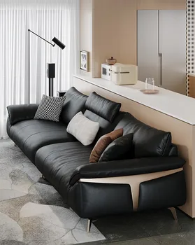 Couro genuíno sofá, moderno e minimalista, sala de estar, luz de luxo, linha reta, pé alto, de estar ampla, profundidade do sofá