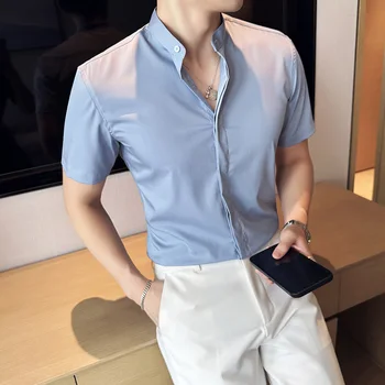 Sentido avançado de Chineses, Homens de Negócio de Stand-up Camisas com Gola de Moda de Nova Camiseta masculina Gola Redonda, Manga Curta Sólido Camisas