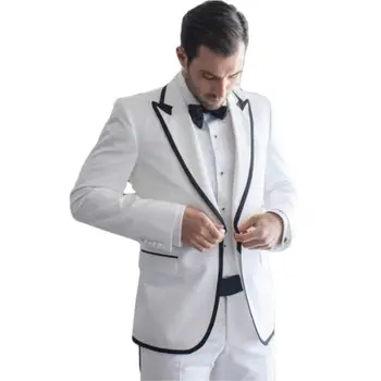 Novo Casamento Personalizado Padrinhos Branco Noivo Smoking Homens Ternos Lapela Pico Senhores De 2 Peças terno masculino ( Casaco+Calça+Laço )