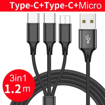 Cabo de carregamento USB para 1xMicro USB + 2xType-C Cabo de Nylon Trançado de Fio Y9RF