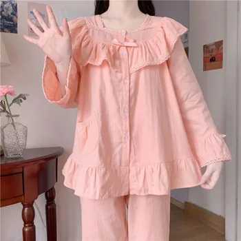 Babados Mulheres Pijama Conjunto de Outono Pijamas de Manga Longa, Calças de Terno Moda Conjuntos para as Mulheres 2 Peças Bolso Piiama Noite Veste de 2023