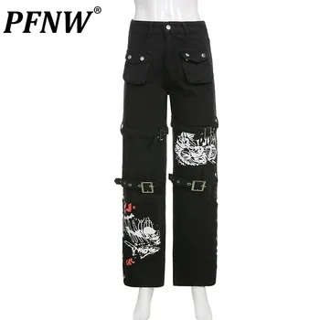 PFNW 2023 Moda masculina Impressa Multi-Design de bolso Cintura Alta Carga Jeans Fivela de Metal Jeans Longa Ajustável da Calça 12A6438