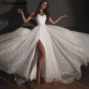 Uma Linha de Vestidos de Noiva de Glitter, Lantejoulas Decote em V Elegante Saia de Tule e Design Sexy Ideal para Casamentos свадебное платье