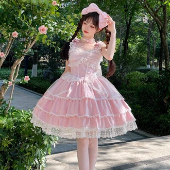 Japonês Sweet Lolita Jsk Vestido De Mulher Kawaii Laço Arco Sem Mangas Princesa Vestidos De Meninas Gótico Elegante Camadas De Bolo De Vestidos