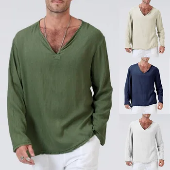 Nova moda de Algodão E Linho Estilo Étnico decote em V Cor Pura Homens T-shirt Homens Soltos Casual Moda Vestuário Masculino