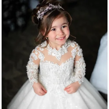 Luxuoso Vestido da Menina de Flor Branca, Laço Fofo de Casamento Elegante Flor da Criança de Primeira Eucaristia da Festa de Aniversário de Vestido de Princesa