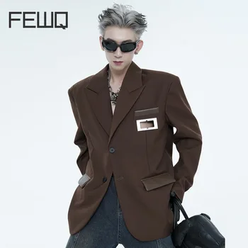 FEWQ Metálicos Ocos de roupas masculinas Casacos de Nicho Design Masculino High Street Blazer coreano Moda Emendados Bolso 2023 Outono 24B3233