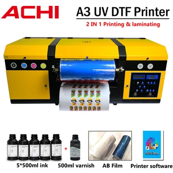 ACHI A3 UV DTF Impressora de Transferência de Etiqueta da Impressora 5*500ML tinta UV+Verniz Duplo XP600 Bico RIIN software+AB filme