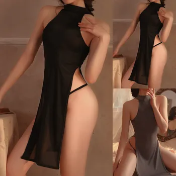 Mulheres mais Sexy de lingerie Transparente e Laço de Pescoço Longo Vestido de Despir o Pijama Cheongsam Terno