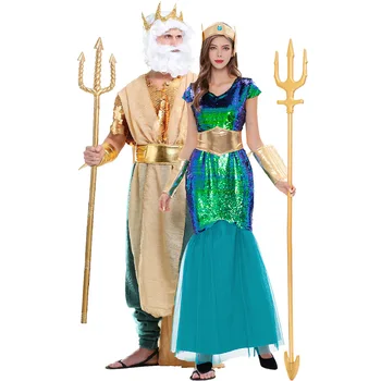 Halloween Deus do Mar de Homens, Mulheres Traje da Mitologia, Poseidon, Netuno Vestido de Fantasia Cosplay